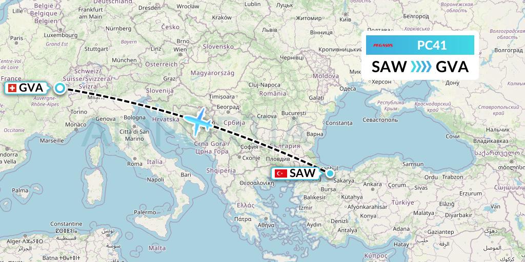 PC41 Pegasus Airlines Flight Map: Istanbul to Geneva