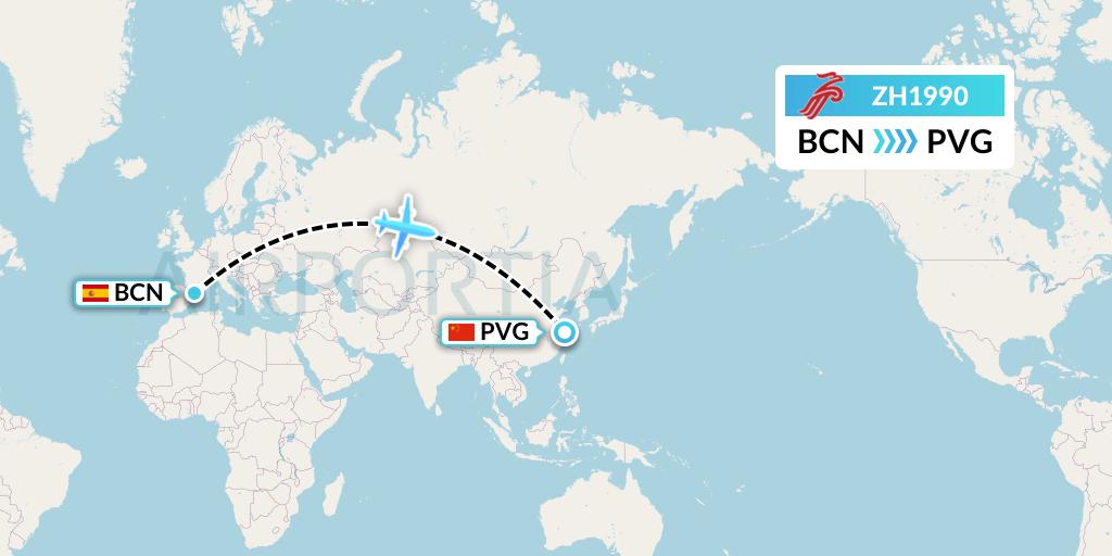 ZH1990 Shenzhen Airlines Flight Map: Barcelona to Shanghai
