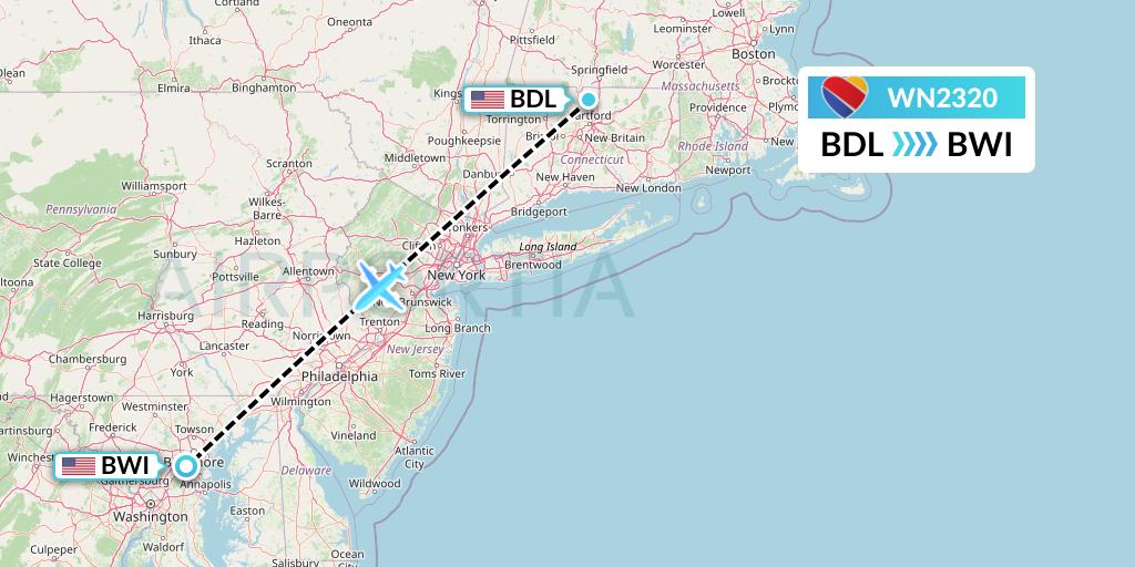 WN2320 Southwest Airlines Flight Map: Windsor Locks to Baltimore