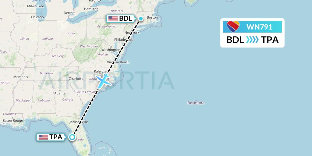 WN791 Southwest Airlines Flight Map: Windsor Locks to Tampa