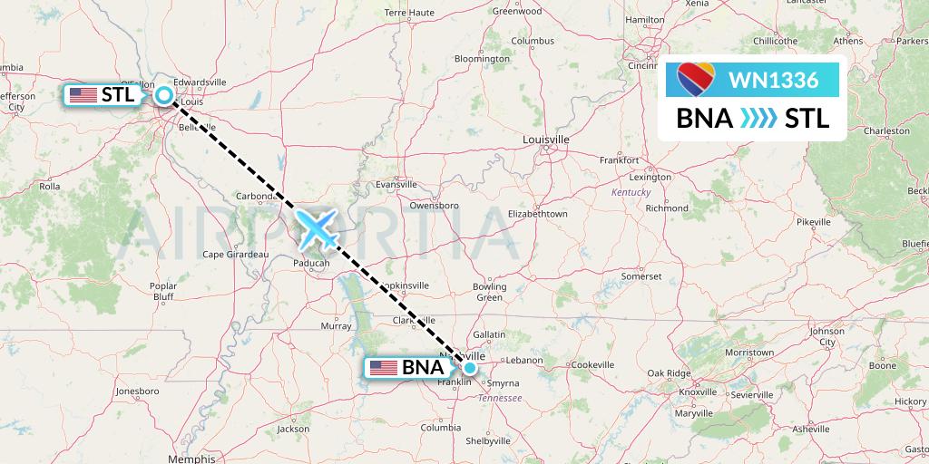 WN1336 Southwest Airlines Flight Map: Nashville to St. Louis