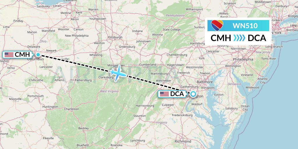 WN510 Southwest Airlines Flight Map: Columbus to Washington
