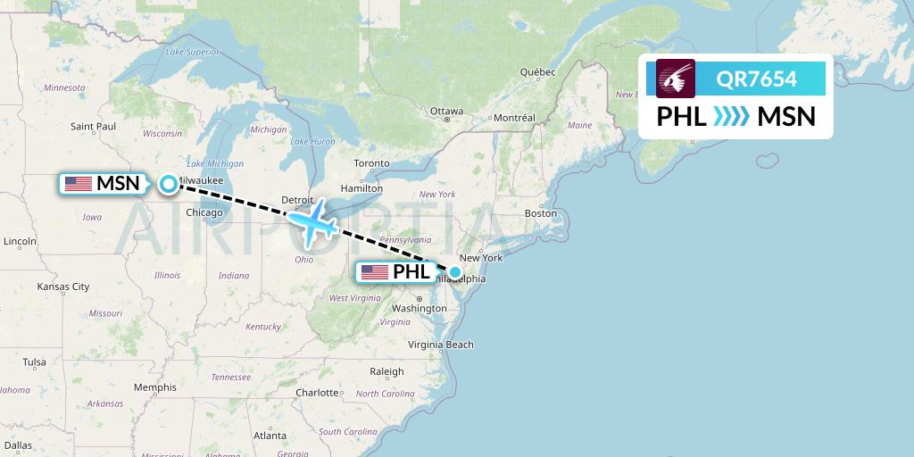 QR7654 Qatar Airways Flight Map: Philadelphia to Madison