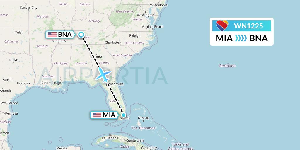 WN1225 Southwest Airlines Flight Map: Miami to Nashville