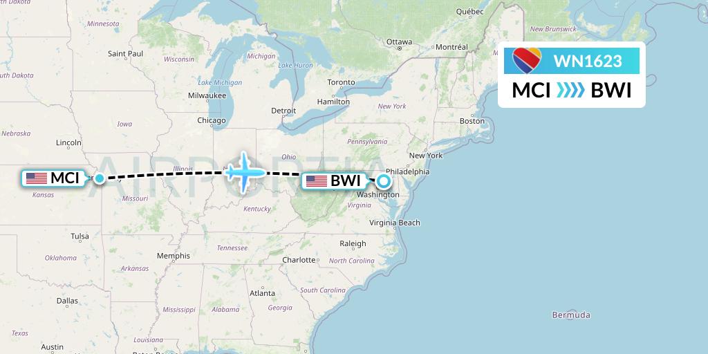WN1623 Southwest Airlines Flight Map: Kansas City to Baltimore