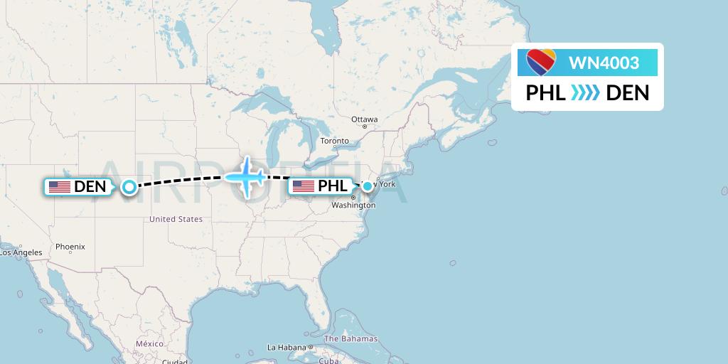 WN4003 Southwest Airlines Flight Map: Philadelphia to Denver