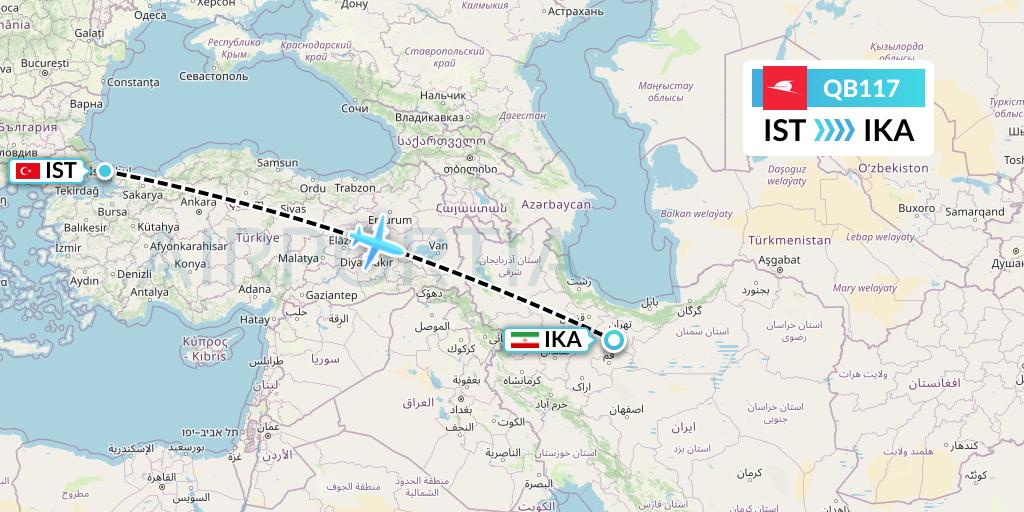 QB117 Qeshm Airlines Flight Map: Istanbul to Tehran