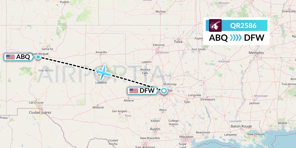 QR2586 Qatar Airways Flight Map: Albuquerque to Dallas