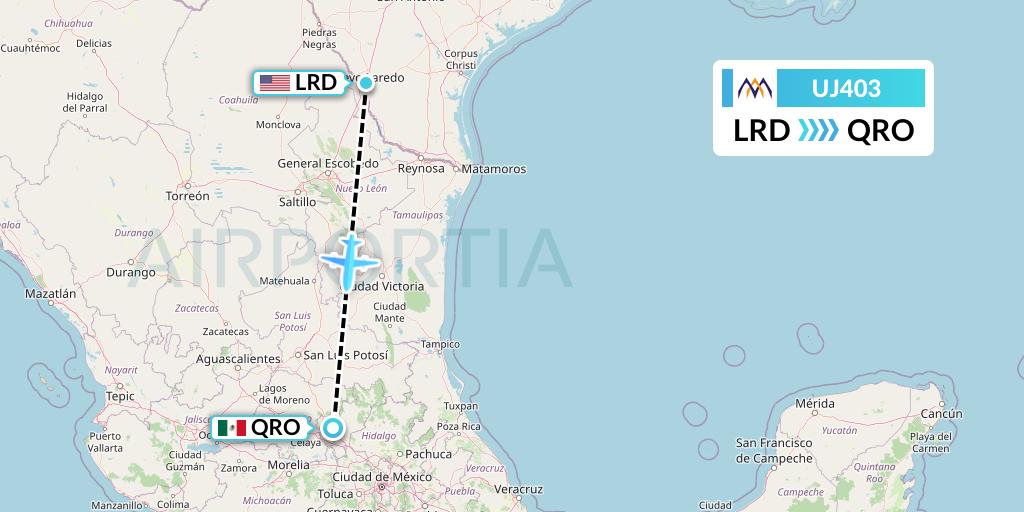 UJ403 AlMasria Universal Airlines Flight Map: Laredo to Queretaro