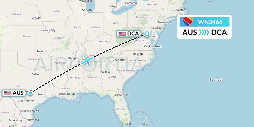 WN3466 Southwest Airlines Flight Map: Austin to Washington