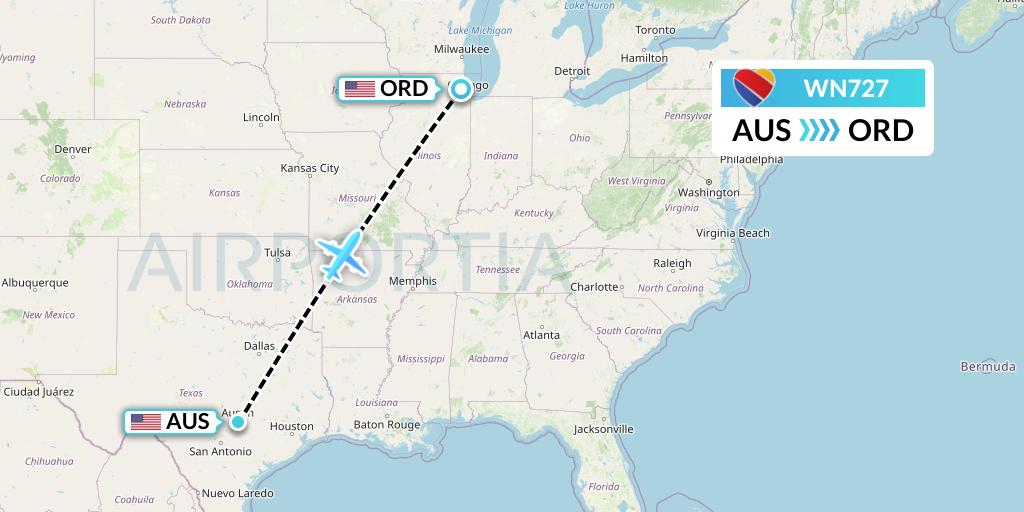 WN727 Southwest Airlines Flight Map: Austin to Chicago