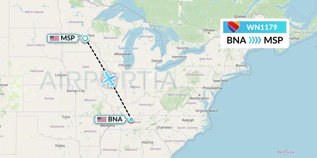 WN1179 Southwest Airlines Flight Map: Nashville to Minneapolis