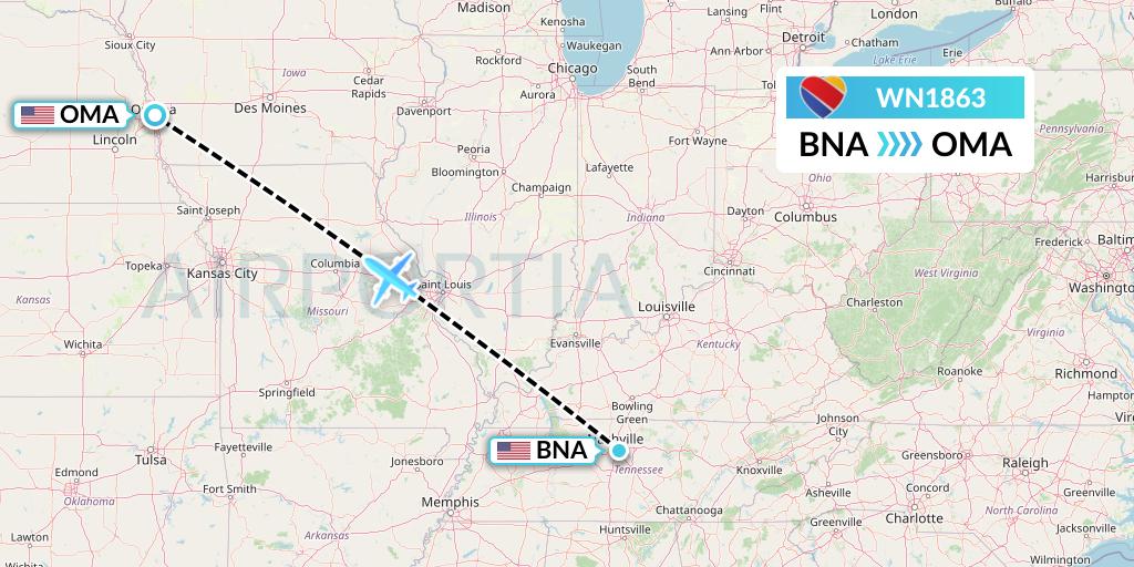 WN1863 Southwest Airlines Flight Map: Nashville to Omaha