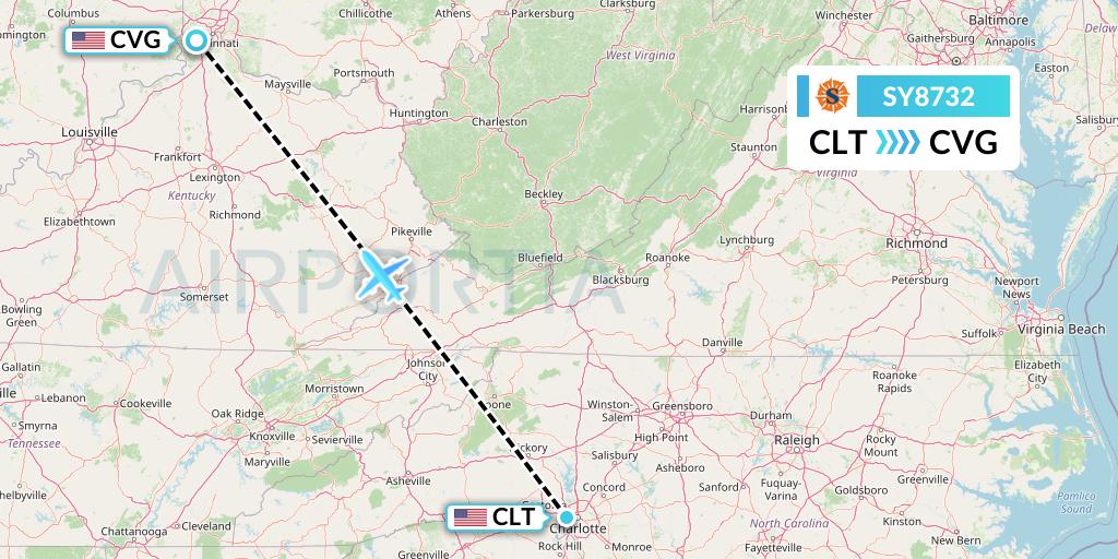 SY8732 Sun Country Airlines Flight Map: Charlotte to Cincinnati
