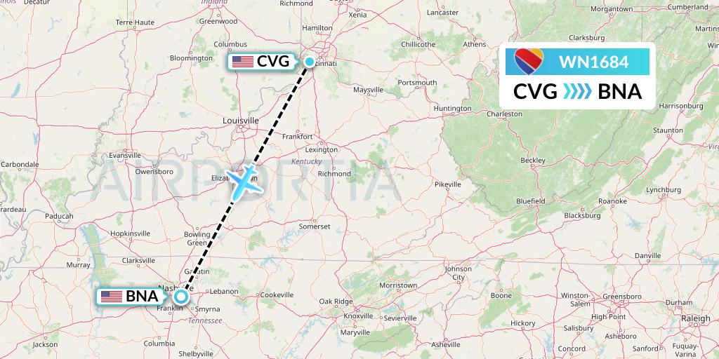 WN1684 Southwest Airlines Flight Map: Cincinnati to Nashville