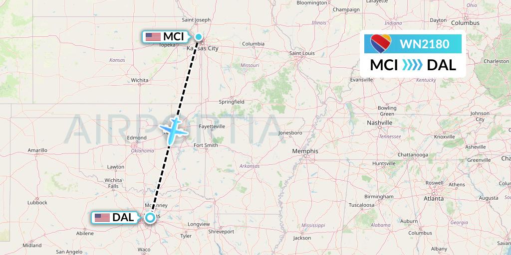 WN2180 Southwest Airlines Flight Map: Kansas City to Dallas