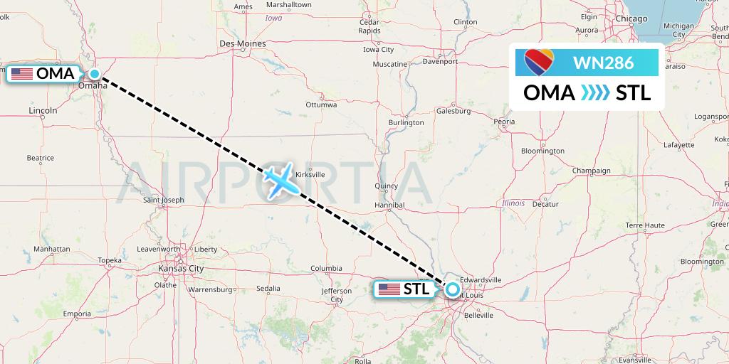 WN286 Southwest Airlines Flight Map: Omaha to St. Louis