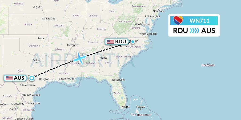 WN711 Southwest Airlines Flight Map: Raleigh-Durham to Austin
