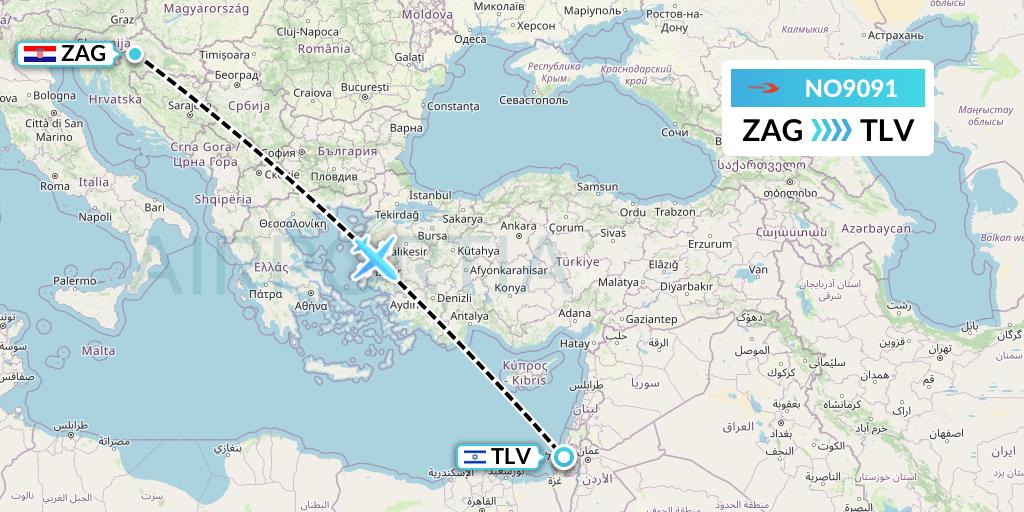 NO9091 Neos Flight Map: Zagreb to Tel Aviv