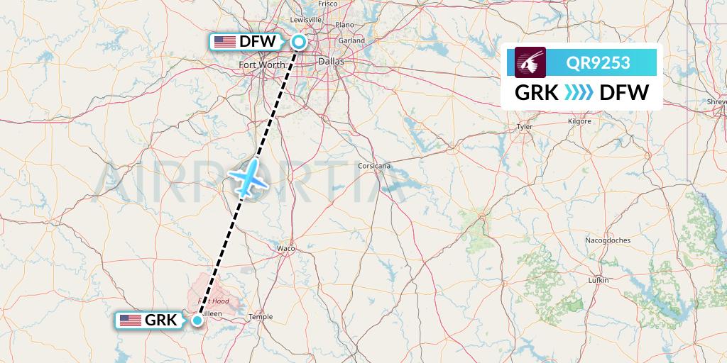 QR9253 Qatar Airways Flight Map: Killeen to Dallas