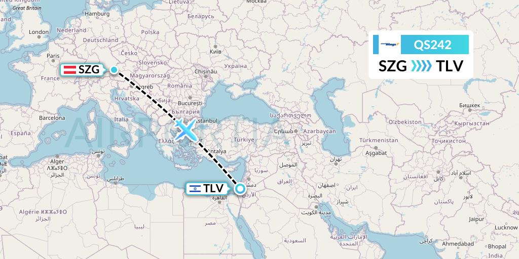 QS242 Smartwings Flight Map: Salzburg to Tel Aviv