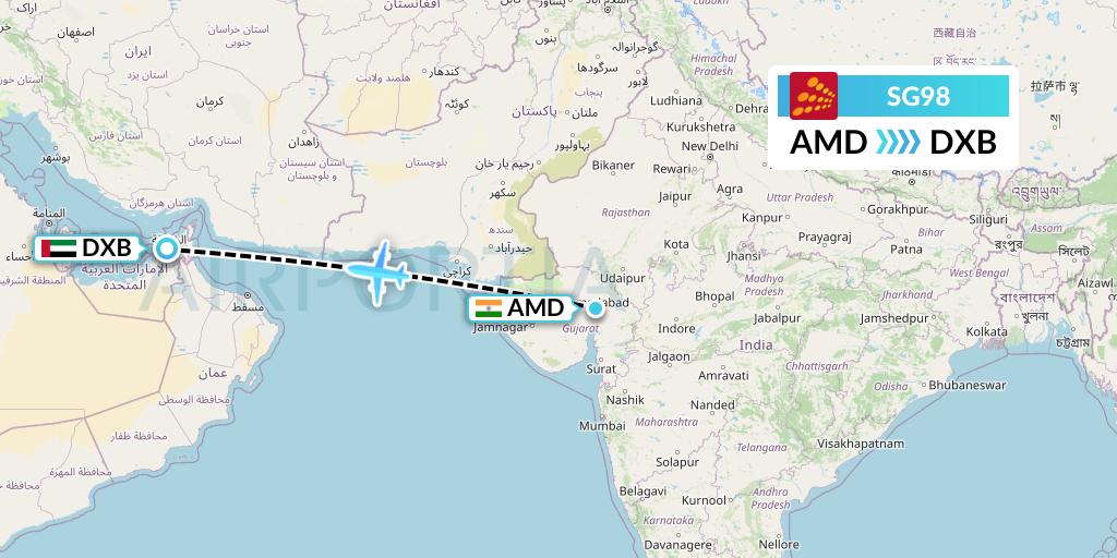 SG98 SpiceJet Flight Map: Ahmedabad to Dubai