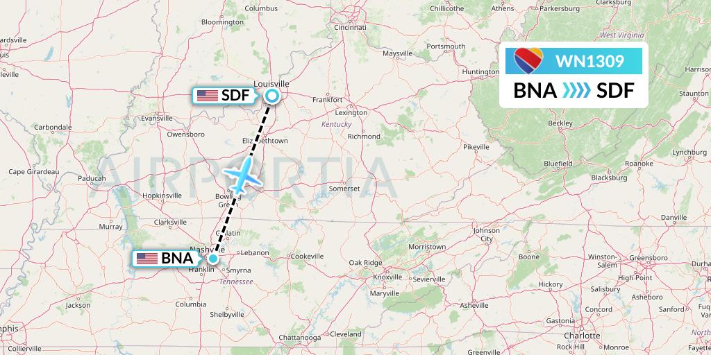 WN1309 Southwest Airlines Flight Map: Nashville to Louisville