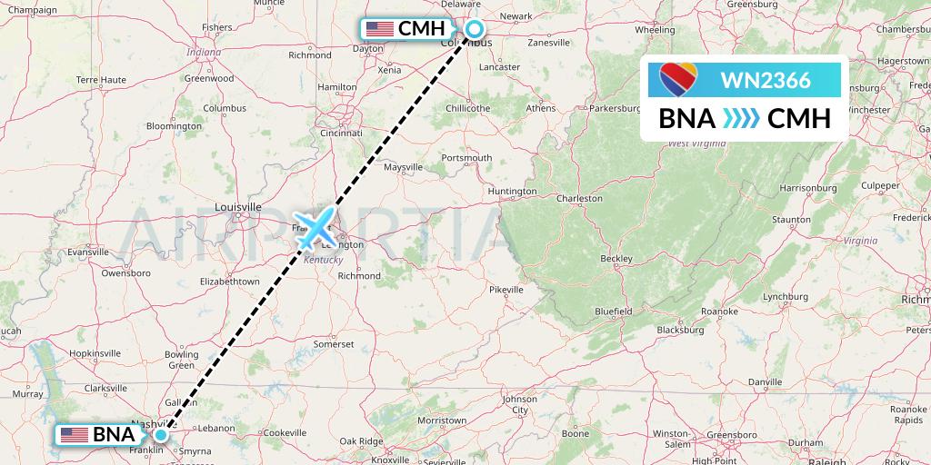 WN2366 Southwest Airlines Flight Map: Nashville to Columbus