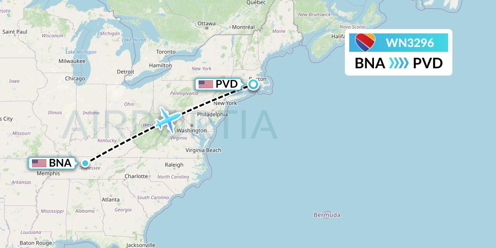 WN3296 Southwest Airlines Flight Map: Nashville to Providence