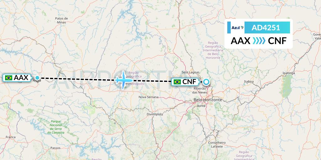 AD4251 Azul Brazilian Airlines Flight Map: Araxa to Belo Horizonte