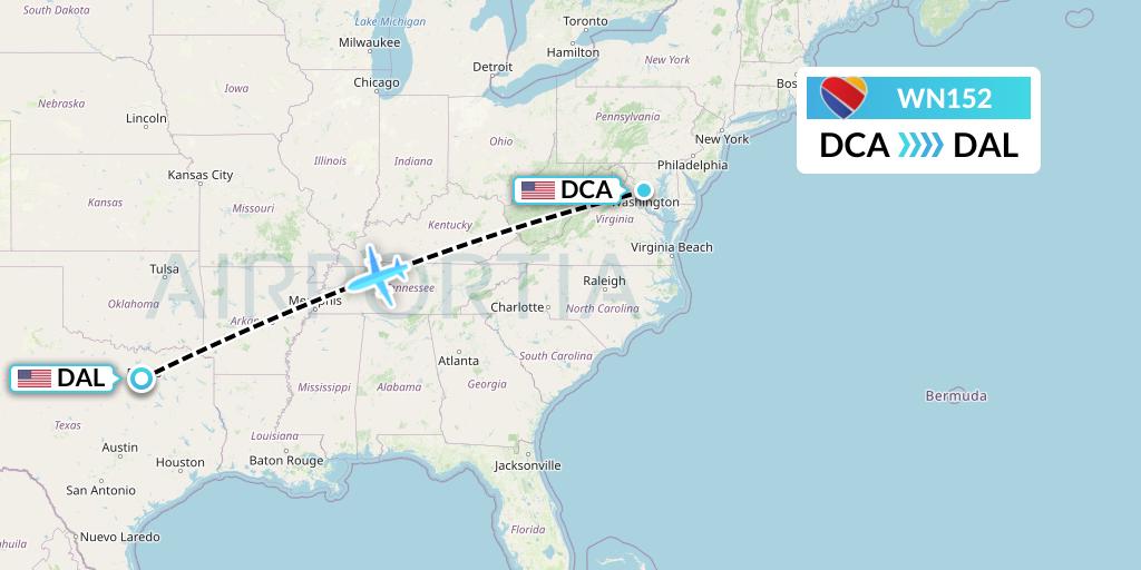 WN152 Southwest Airlines Flight Map: Washington to Dallas