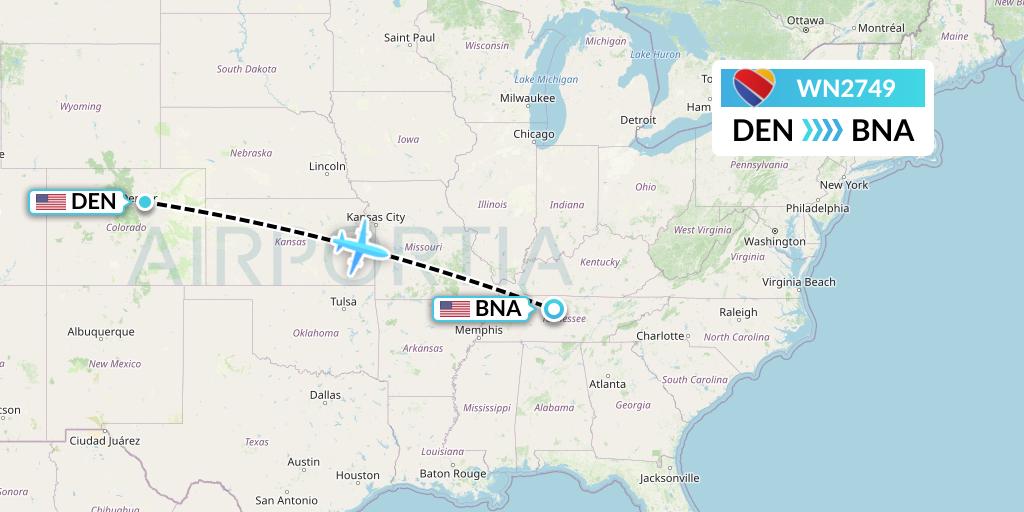 WN2749 Southwest Airlines Flight Map: Denver to Nashville