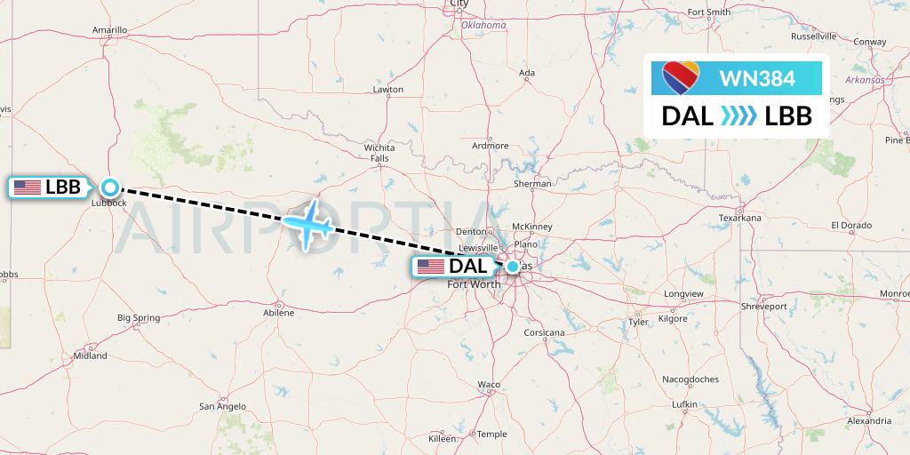 WN384 Southwest Airlines Flight Map: Dallas to Lubbock
