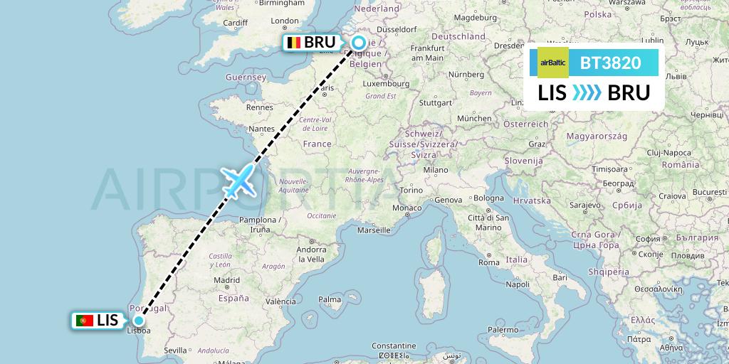 BT3820 Air Baltic Flight Map: Lisbon to Brussels