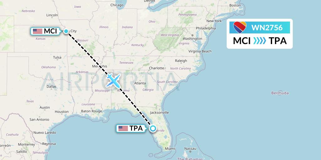 WN2756 Southwest Airlines Flight Map: Kansas City to Tampa