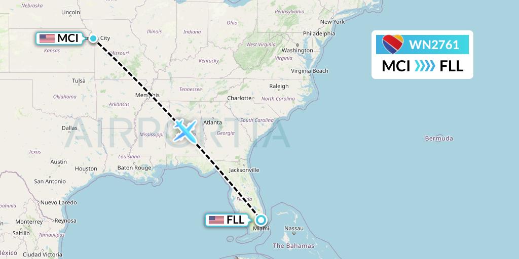 WN2761 Southwest Airlines Flight Map: Kansas City to Fort Lauderdale