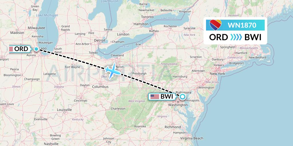 WN1870 Southwest Airlines Flight Map: Chicago to Baltimore