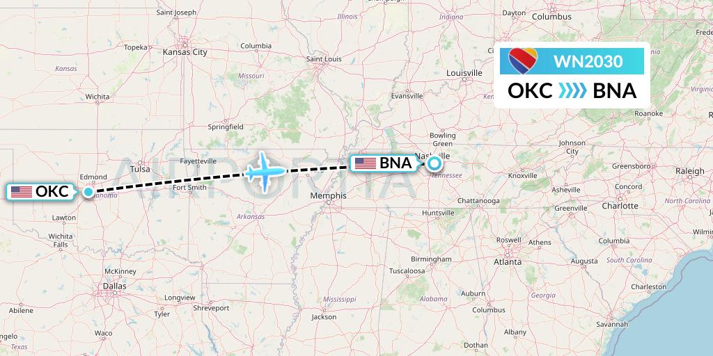 WN2030 Southwest Airlines Flight Map: Oklahoma City to Nashville