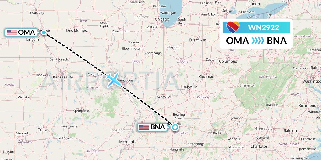 WN2922 Southwest Airlines Flight Map: Omaha to Nashville