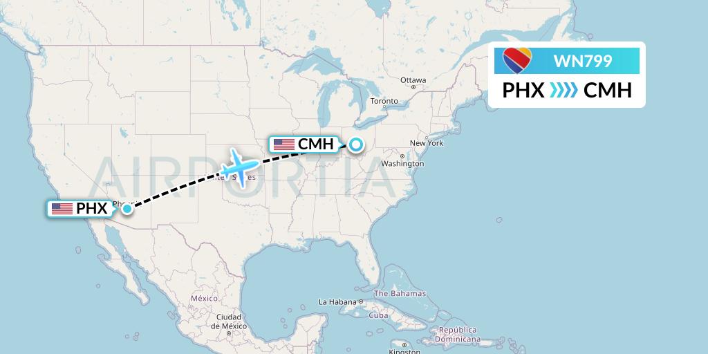 WN799 Southwest Airlines Flight Map: Phoenix to Columbus