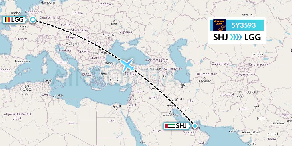 5Y3593 Atlas Air Flight Map: Sharjah to Liege