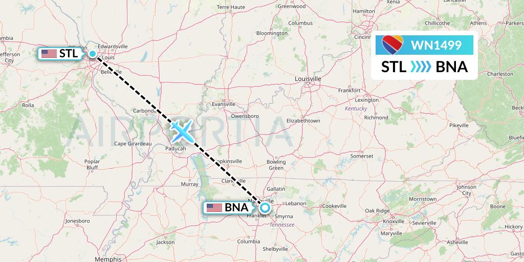 WN1499 Southwest Airlines Flight Map: St. Louis to Nashville