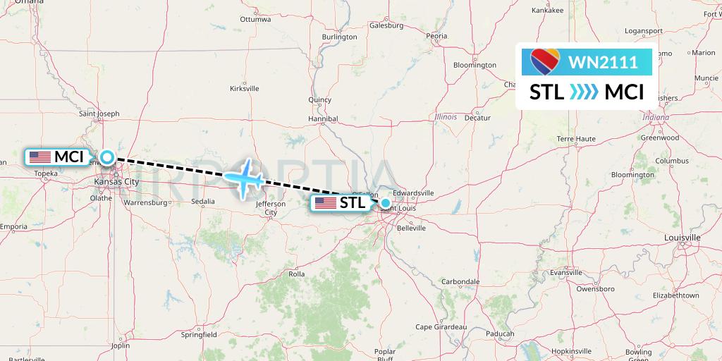 WN2111 Southwest Airlines Flight Map: St. Louis to Kansas City