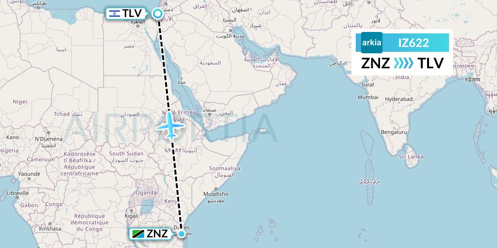 IZ622 Arkia Israeli Airlines Flight Map: Zanzibar to Tel Aviv