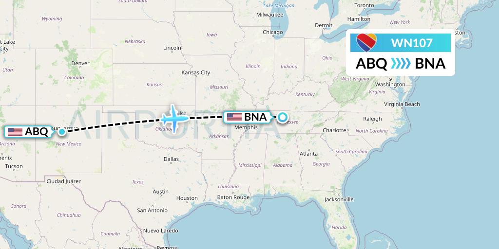 WN107 Southwest Airlines Flight Map: Albuquerque to Nashville