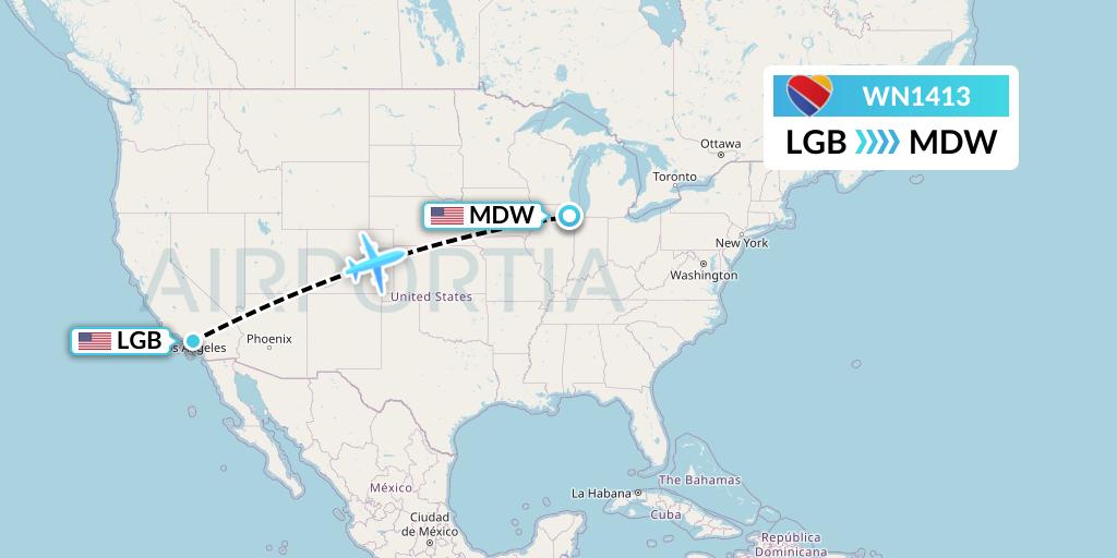 WN1413 Southwest Airlines Flight Map: Long Beach to Chicago