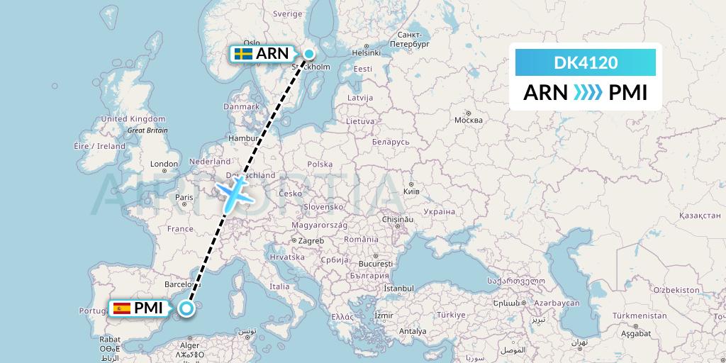 DK4120 Thomas Cook Airlines Scandinavia Flight Map: Stockholm to Palma de Mallorca