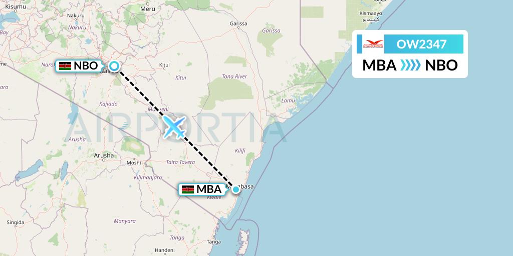 OW2347 Skyward Express Flight Map: Mombasa to Nairobi