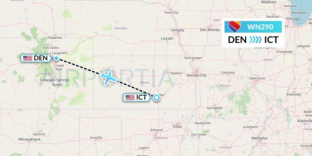 WN290 Southwest Airlines Flight Map: Denver to Wichita