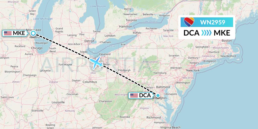 WN2959 Southwest Airlines Flight Map: Washington to Milwaukee